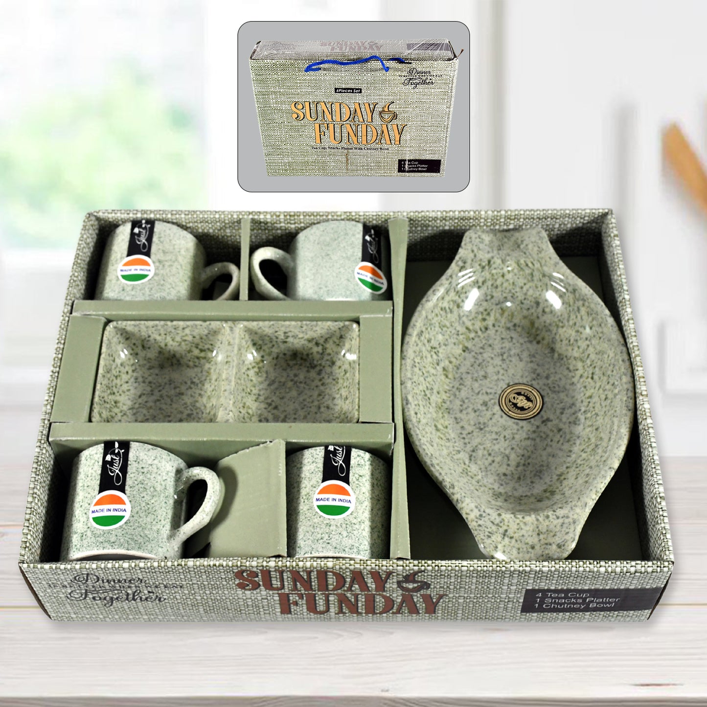 8240 Sunday Funday Ceramic Tea  Cups  Mug With Plastic Snacks Platter And 2 Compartment Chutney Bowl Milk Cup Coffee Cup Breakfast Cup Drinking Mug Or Outdoor For Household Gift For Birthday Wedding Party (6 Pcs Set)