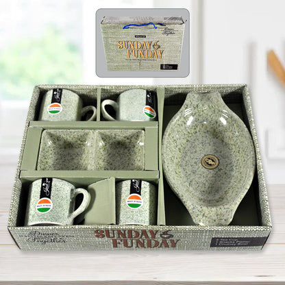 8240 Sunday Funday Ceramic Tea  Cups  Mug With Plastic Snacks Platter And 2 Compartment Chutney Bowl Milk Cup Coffee Cup Breakfast Cup Drinking Mug Or Outdoor For Household Gift For Birthday Wedding Party (6 Pcs Set)