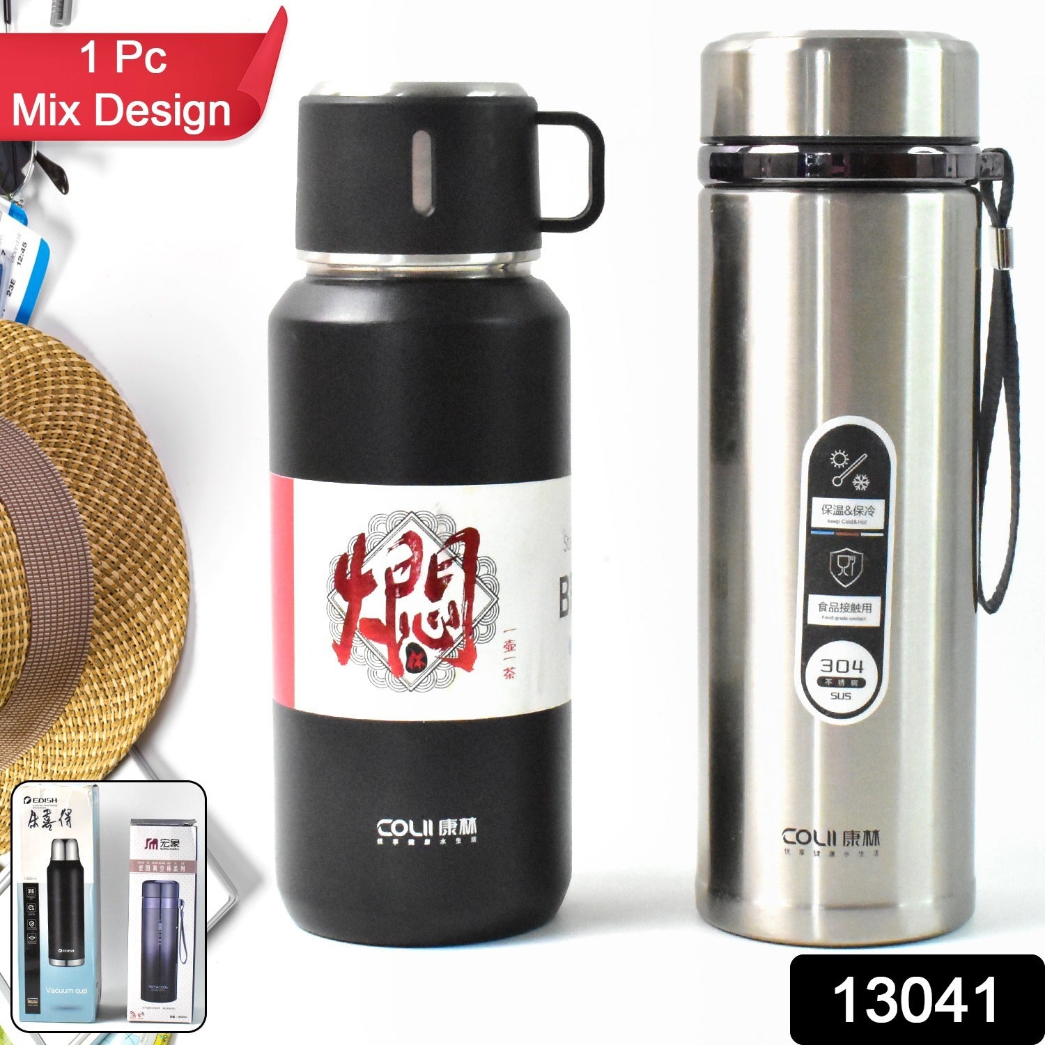13041 Stainless Steel Vacuum Insulated Water Bottle  Cup  Leak Proof Flask For Tea Coffee  Reusable Water Bottle With Hanging Strap  Bottle For Hot  Cold Drinks Wide Mouth Water Flask (900 Ml  Mix Color)