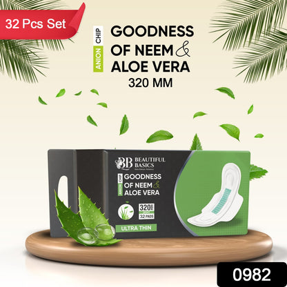0982 Sanitary Pads For Women With Goodness Of Neem  Aloe Vera  Ultra Thin  Leakage Protection  Ph Balance  With Antibacterial Anion Chip  5x More Absorbance (320 Mm  32 Pads)