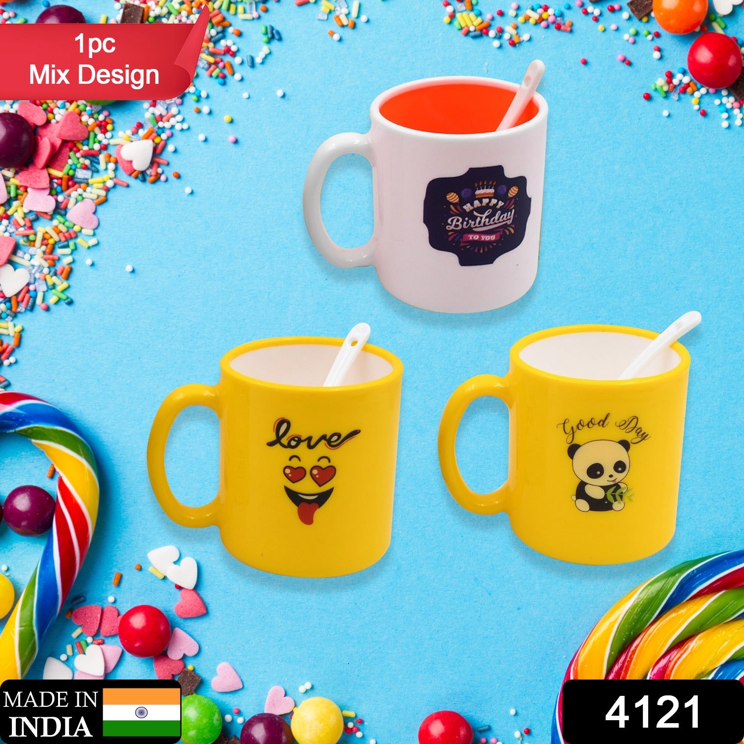 4121 Mix Design  Color Coffee Mug With Spoon And Box Packing Design Coffee Mug Used For Drinking And Taking Coffees And Some Other Beverages In All Kinds Of Places (1 Pc)