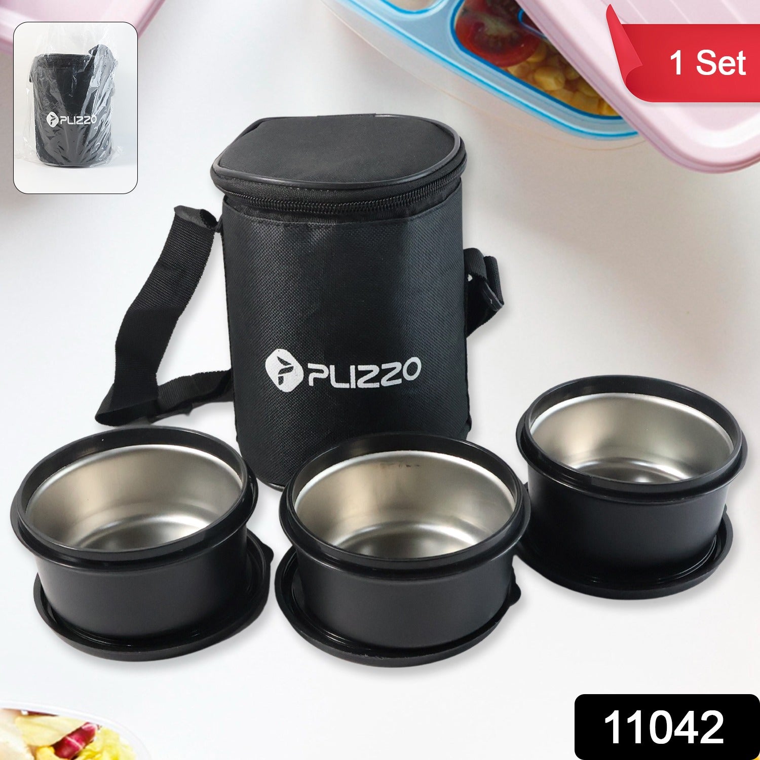 Insulated Stainless Steel Tiffin Lunch Box Set With Carry Bag (1 Set)