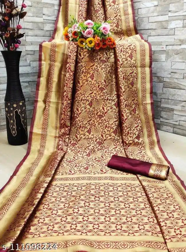 Banarasi Silk Saree With Blouse For Women (Golden And Dark Red, 6.3M)