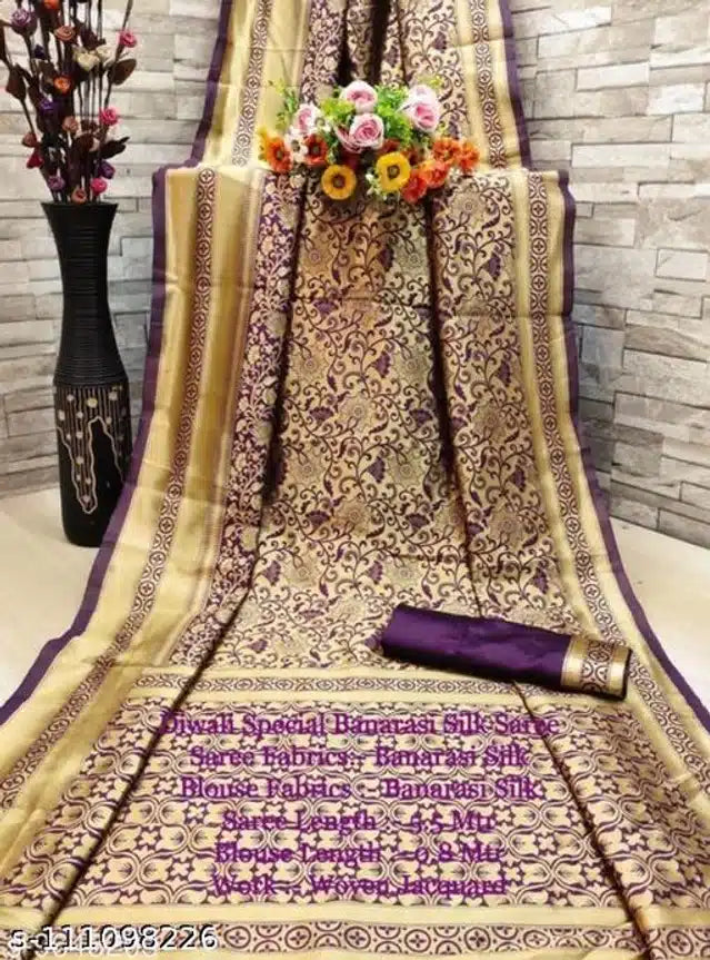 Banarasi Silk Saree With Blouse For Women (Golden And Dark Red, 6.3M)