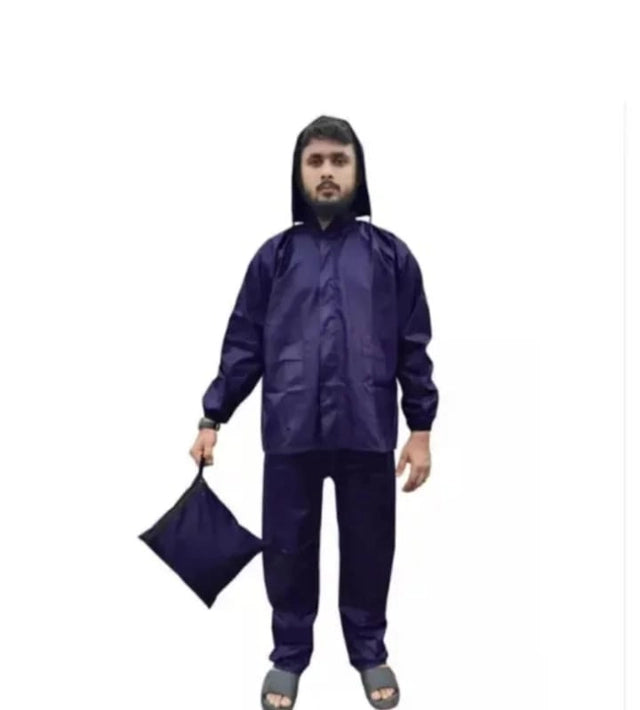 Polyester Full Sleeves Rainsuit Set for Men (Navy Blue, M)